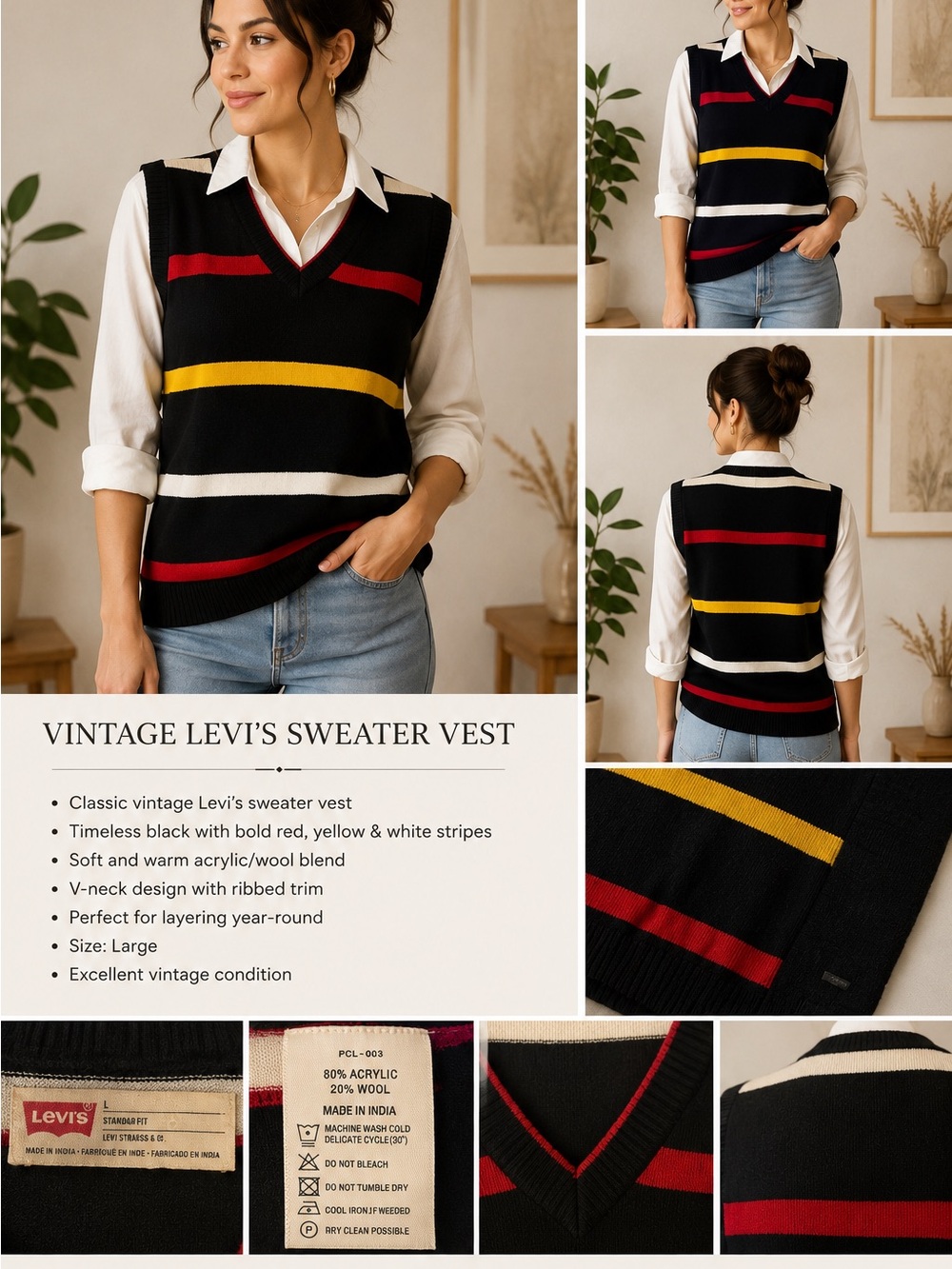 Levi's Black V-Neck Sweater Vest with Red, Yellow & White Stripes